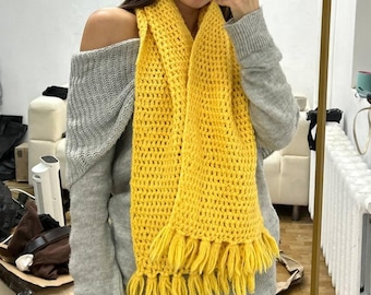 Yellow handmade wool shawl, winter wool chunky scarf, colorful hand knit vintage head scarf, knit scarves designer scarf