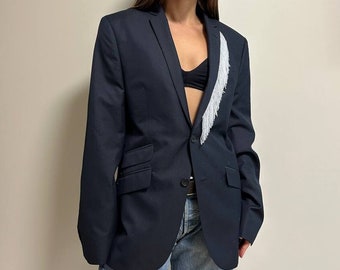 Blue upcycled woman blazer handmade, Oversized Designer blazer, Vintage handmade women reworked jacket, Redesigned Women's Classic blazer