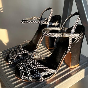 Vintage pumps leather heels Baltarini shoes , blue platform womens lace up 90s mesh sandals, block heel sandals UK 4 EU 37 US 6
