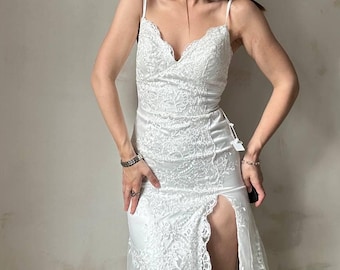 White lace midi wedding dress, simple boho corset wedding dress, modern sheer wedding dress v shaped ball gown XS Hand made
