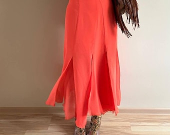 Orange midi vintage wrap skirt Joseph Ribkoff, long halloween skirt, prairie boho plaid pleated skirt, festival summer orange midi skirt M