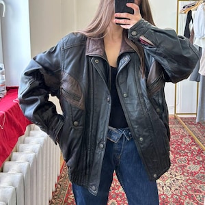 Real leather vintage coat jacket, military black biker jacket, leather moto 80s women leather jacket, oversize leather jacket