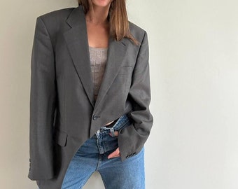 Designer asymmetrical classic upcycled woman jacket,  handmade suit oversized classic blazer, vintage upcycled asymmetrical gray blazer 90s