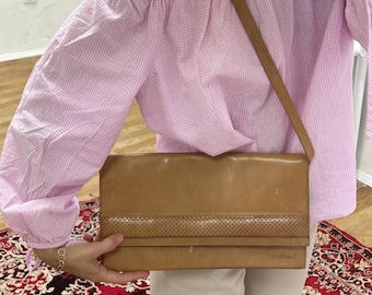 Vintage leather clutch bag Louis Feraud Paris, brown evening handmade cross body bag, laptop bag handbag 1950s, shoulder real leather bags