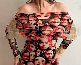 Jean Paul Gaultier Vintage Faces Dress S 1992 mini mesh dress off-the-shoulder dress
