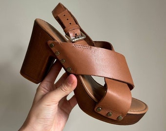Clog leather heel flip flops pumps, Dune London wooden sandals , wooden mules sandals greek barefoot , Swedish Clogs EU 38 UK 5 US 7.5