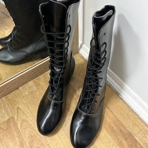Knee high boots heels, tall leather vintage black boots, big size 43 cosplay lace up boots, wider barefoot long boots,mens knee high boots