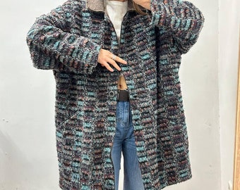 Vintage Knit Long Cardigan Eva Tralala, 1990s knit sweater designer knitwear, boho wool cardigan, hippie retro ugly granny sweater coat