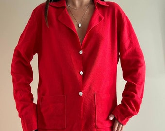 Vintage red wool cardigan Chiaramente Made in Italy, Women open knit pure wool knit cardigan, Chunky sweater for women size M