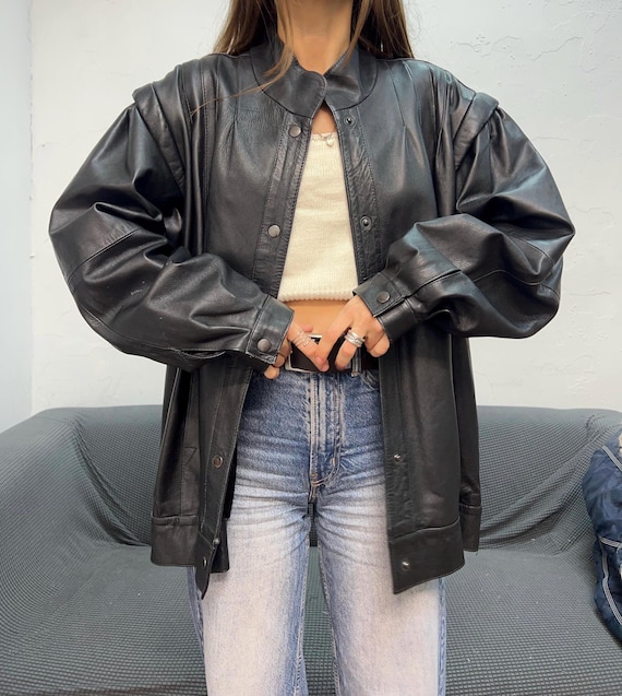 Vintage Women Leather Jacket, Military Moto Black Coat, 90s Black
