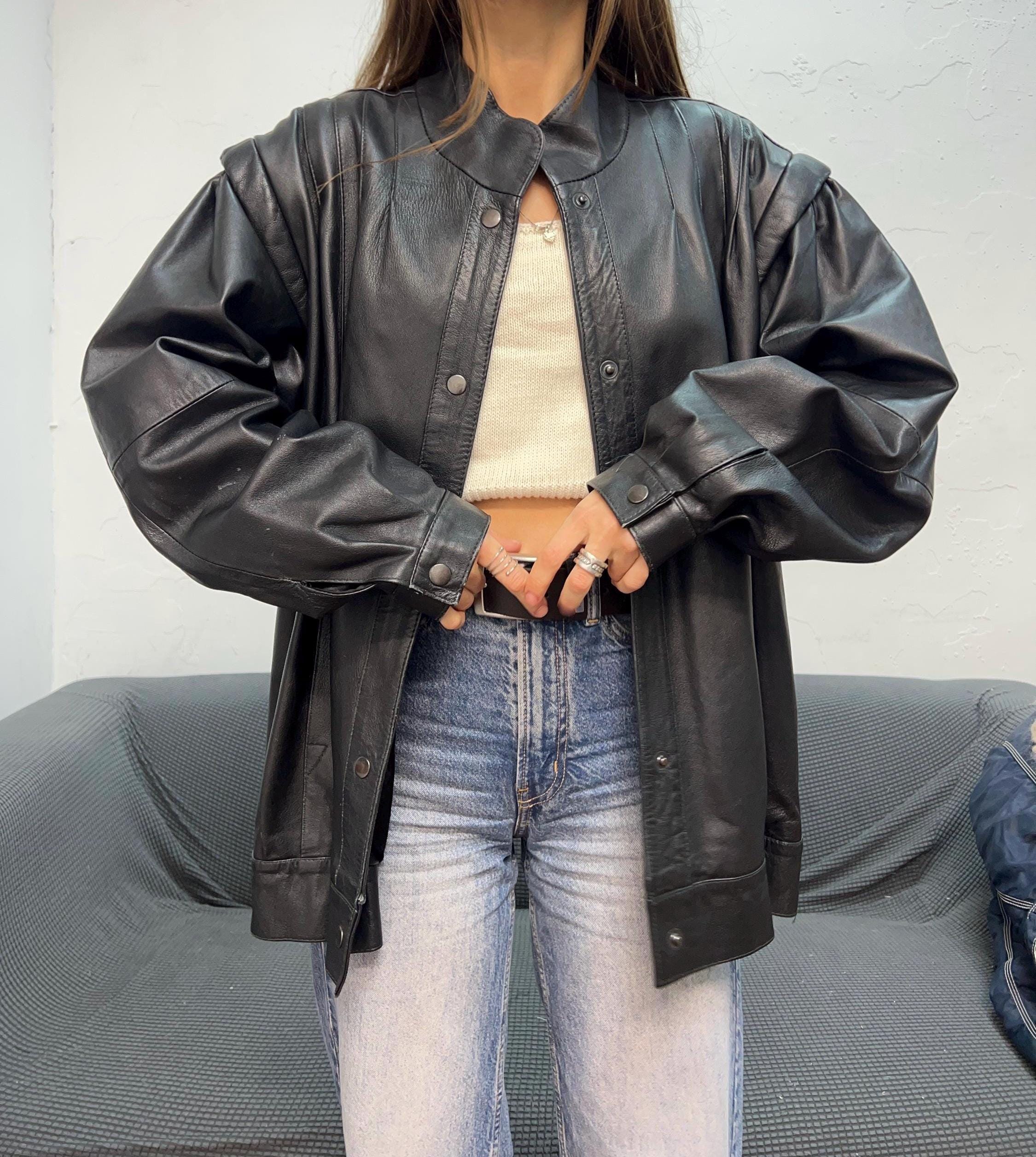 Vintage Women Leather Jacket, Military Moto Black Coat, 90s Black