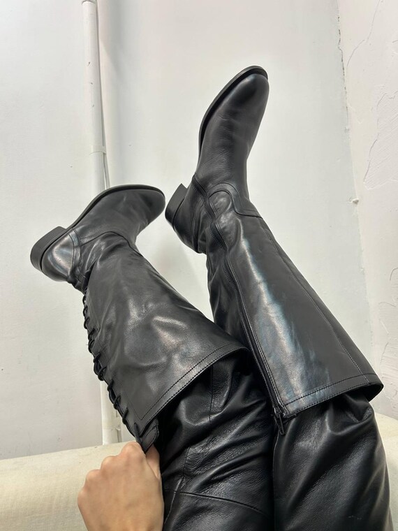 Vintage Knee High Boots Heels, Tall Leather Black Boots, Wider