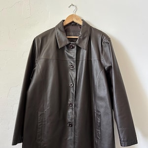 Brown vintage leather trench coat, biker moto jacket, women 90s leather blazer, long coat trench military jacket, brown leather jacket L-XL