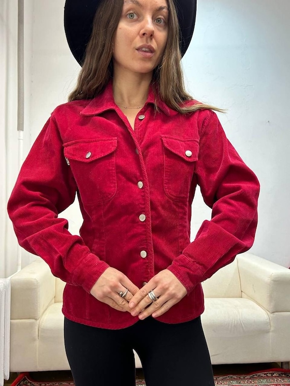 Corduroy red corduroy jacket, vintage biker jacket shirt shacket, y2k boho cropped jacket, pink 70s cotton Moto jacket S