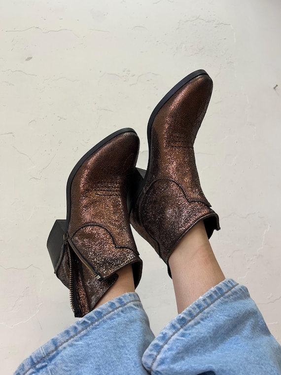 Golden vintage boots, Ovye brown women heel boots, combat riding gogo boots, cowboy victorian costume boho boots, festival designer boots
