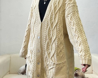 Vintage lemon knit Long Cardigan , handmade 1990s knit sweater designer knitwear, boho wool cardigan, hippie retro ugly granny sweater coat