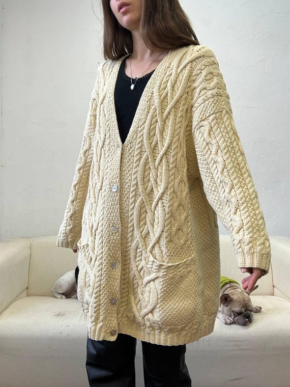 Vintage lemon knit Long Cardigan , handmade 1990s knit sweater designer knitwear, boho wool cardigan, hippie retro ugly granny sweater coat