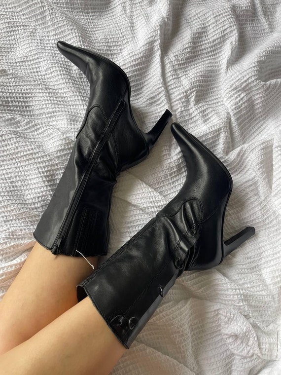 Vintage Square Toe 90s Boots Shoes, Black Women Leather