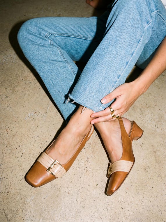 Vintage Slingback Heels, Italian Shoes, Brown Leather Pumps, Square Toe Heels, Minimalist Low Heel, Elegant Women Shoes