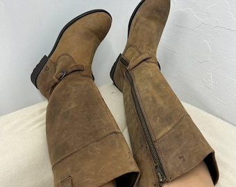 Knee high tall leather boots, vintage brown knee boots, women combat boots, riding gogo 90s boots US 9UK 7 EU 40, boho hippie  bling boots