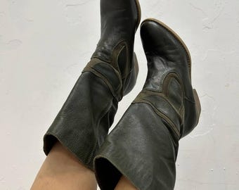 Vintage cowgirl western knee high women boots, tall leather green boots shoes, US 6.5 EU 37 UK 4 hippie platform boots
