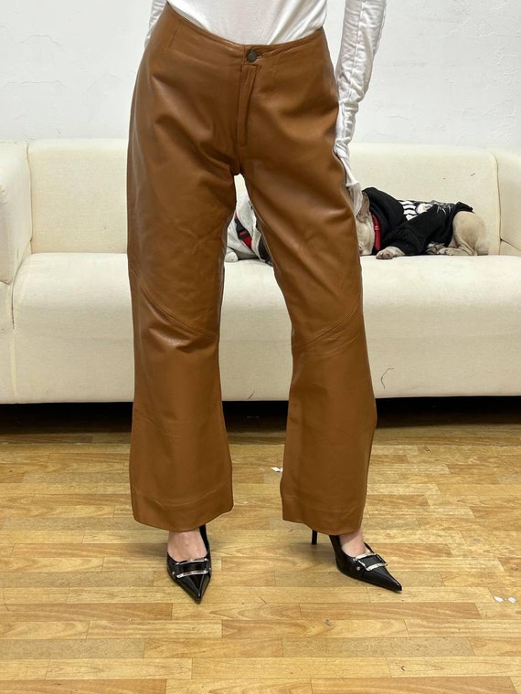 Leather Vintage Brown Pants, Wide Leg Womens Leather Pants, Flared