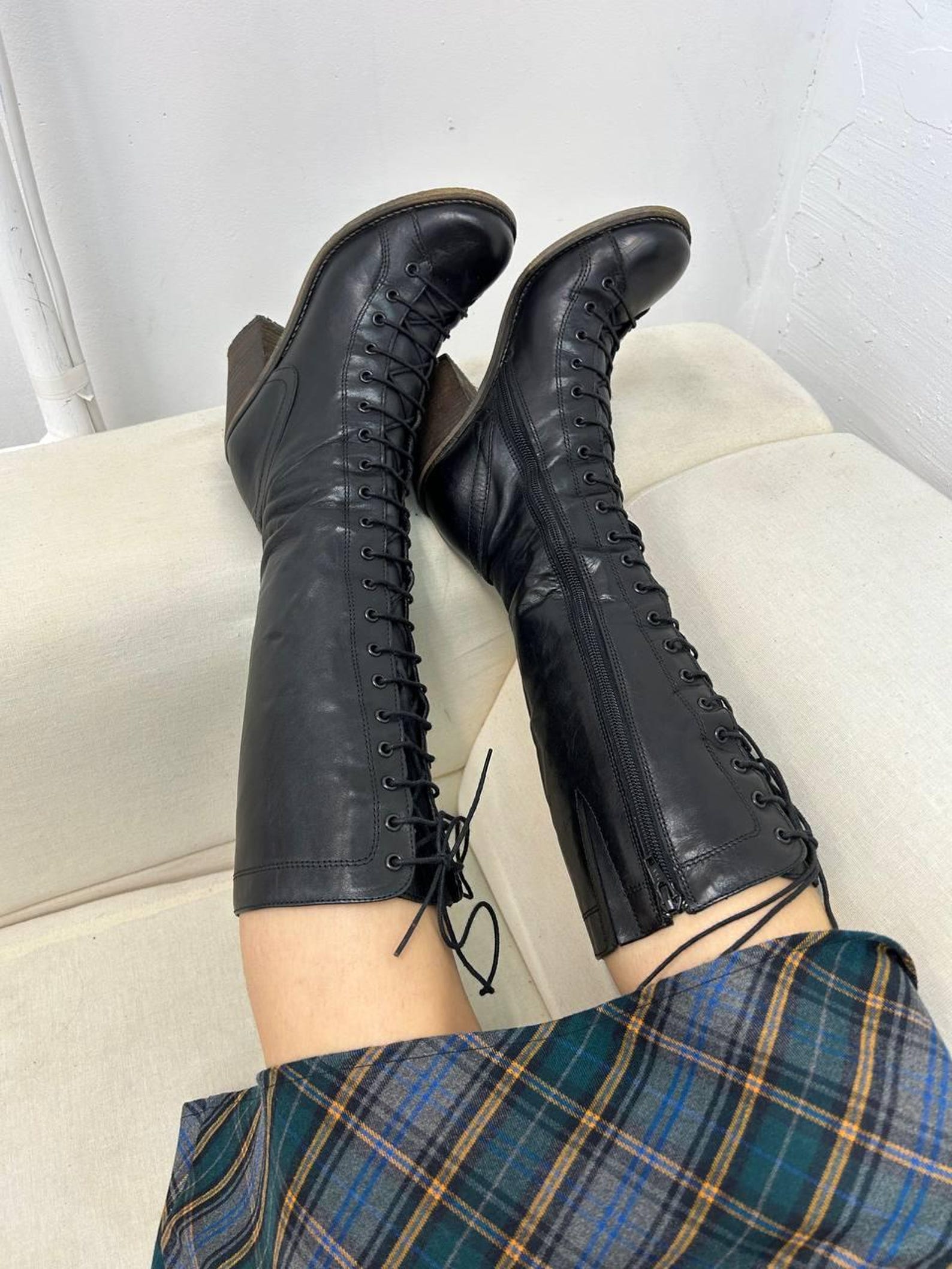 Vintage Knee High Lace up Boots, Leather Black Lace up Knee Boots — free download
