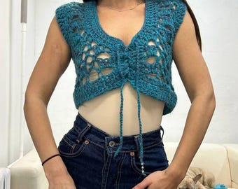 Wool knitted blue top, knit vintage crop top size S, crocheted boho vest, sleeveless sweater hipster knitted vest, vintage wool vest