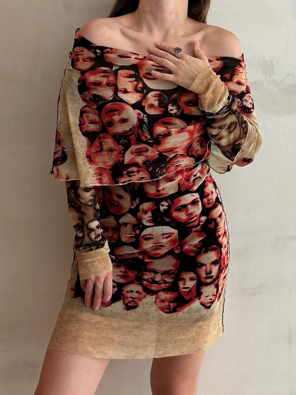 Jean Paul Gaultier Vintage Faces Dress S 1992 Mini Mesh