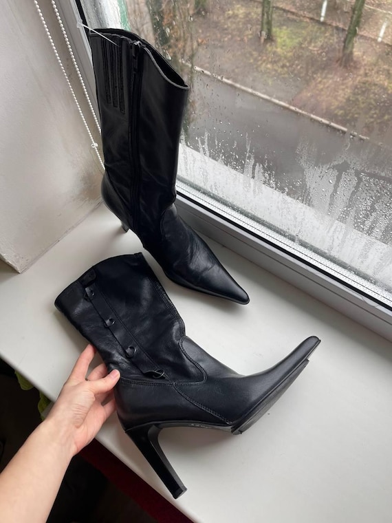 Vintage Square Toe 90s Boots Shoes, Black Women Leather