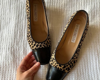 Vintage Valbrenta Leopard Print Cowhair Leather Heels shoes heels black platform heels 80s fashion, womens shoes lace up UK 4 EU 37 US 6.5