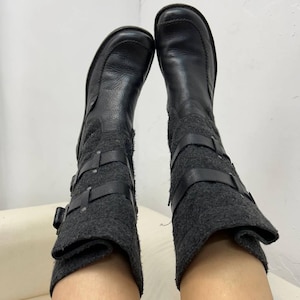Vintage barefoot ankle boots women, leather knee black boots, grounding barefoot bling boots, medieval knee high tall leather shoes US 8.5