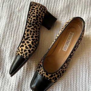 Vintage  Valbrenta Leopard Print Cowhair Leather Heels shoes heels black platform heels 80s fashion, womens shoes lace up UK 4 EU 37 US 6.5