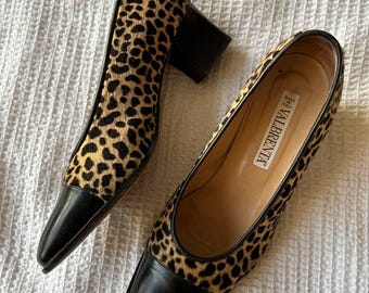 Vintage  Valbrenta Leopard Print Cowhair Leather Heels shoes heels black platform heels 80s fashion, womens shoes lace up UK 4 EU 37 US 6.5