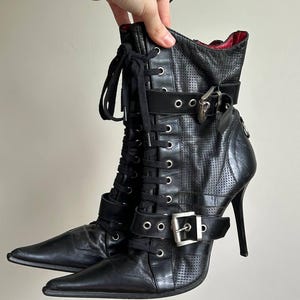 Y2k Gianmarco Lorenzi pointed toe high heel boots, leather knee gogo boots, boho pointed toe stiletto boots, vintage  platform boots EU 40