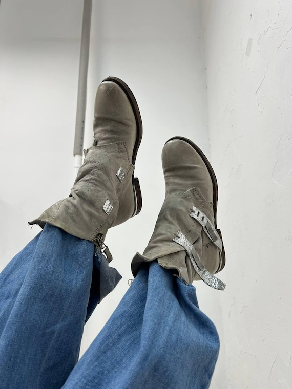 Vintage cute cowboy A.S. 98 boots, Italian women ankle grey boots, goth victorian boots, motorcycle riding cowboy boots, 90s leather US 6.5