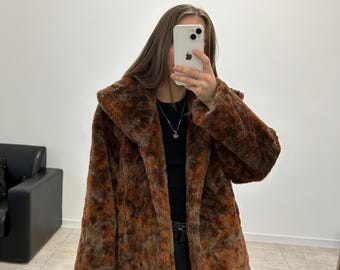 Vintage fur coat, brown short women fur coat, vintage winter coat XS-S, fox fur 90s boho coat, teddy coat fox fur