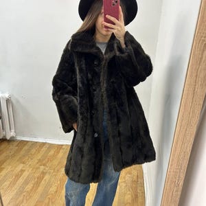 Vintage brown fur coat, faux fur women coat, winter black faux long fur, fur jacket brown 90s coat