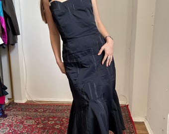 Vintage Courtisane asymmetrical dress, fairy wrap evening y2k dress, designer 90s midi dress, cocktail corset bohemian black ruffle dress