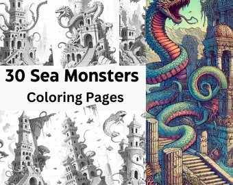 30 páginas para colorear de monstruos marinos, libro digital para colorear de criaturas marinas en escala de grises, libro para colorear para adultos, páginas para colorear imprimibles