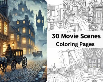 Libro para colorear de escenas de películas. Páginas para colorear de una noche de cine. Hojas para colorear de una noche familiar. Descarga instantánea. Archivo PDF imprimible en escala de grises.