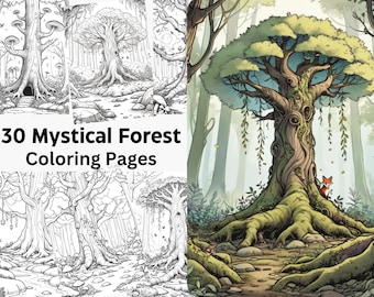 30 páginas para colorir de florestas místicas para download digital para todos, arte majestosa e misteriosa da floresta, folhas para colorir, download instantâneo em PDF