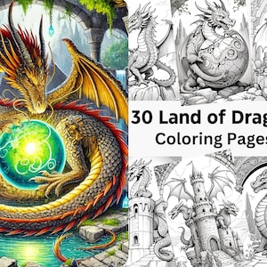 30 Land of Dragons Coloring Pages, Printable Adult Colouring Pages, Adult And Kids Coloring Book, Fantasy Coloring Sheets, Instant Download