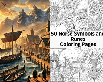 50 Norse Symbols and Runes Coloring Book Viking Fantasy Coloring Sheets Adults Coloring Book Instant Download Printable Greyscale PDF File