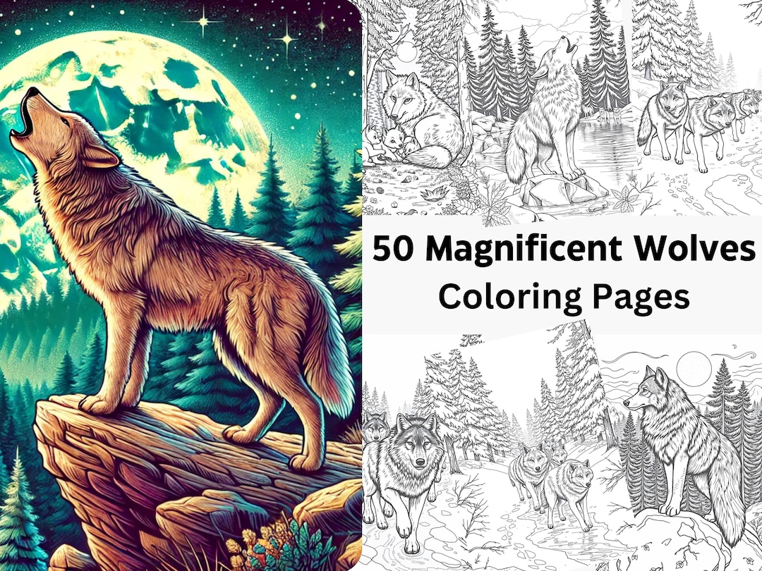 50 Magnificent Wolves Coloring Book Wolf Pack Animal Lovers Coloring ...