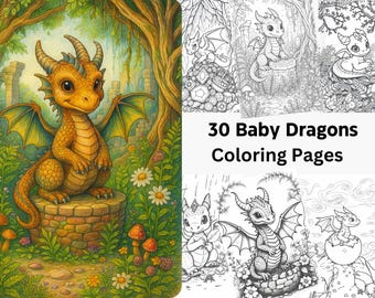 May include: A vibrant illustration features a golden dragon with large eyes, sitting on a stone well. The dragon has green wings and is surrounded by flowers and mushrooms. The text "30 Baby Dragons Coloring Pages" is displayed.