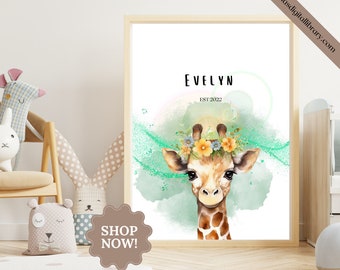 Custom Name Art, Digital Name Art, Print At Home Name Art, Giraffe Art, Giraffe Art, Nursery Room Art, Custom Nursery Decor, Custom Name