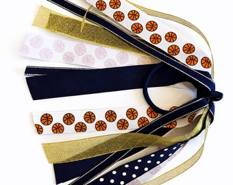 Haarslinger basketballint met optionele initiaalbedel, gepersonaliseerde grosgrain lint paardenstaarthouder, 8"