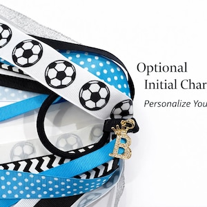 Soccer Ribbon Hair Streamer – Optional Initial Charm, Personalized Grosgrain Ponytail Holder, 8”