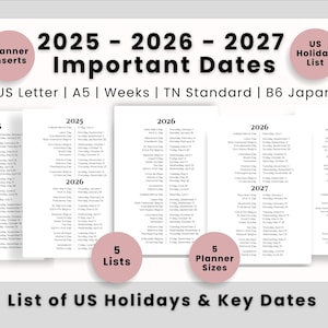 2026 Holiday List Calendar US Holiday Celebrations Printable 5 Sizes: A5, Letter, Weeks, B6 Japan, TN, Planner Insert Digital Download